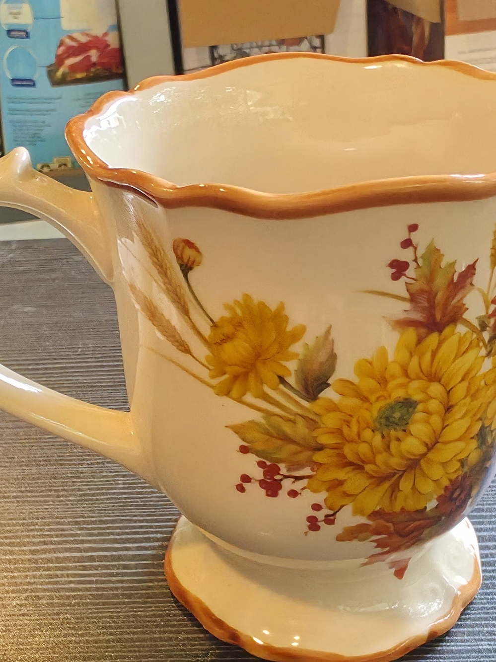Yellow Floral Ceramic Mug with Orange Trim CRACKER BARREL
